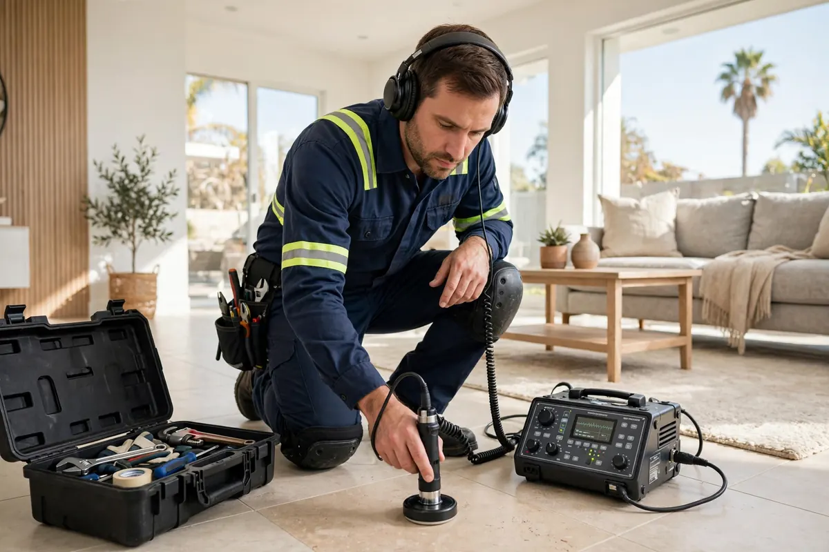 Technician performing acoustic leak detection in an Alhambra home